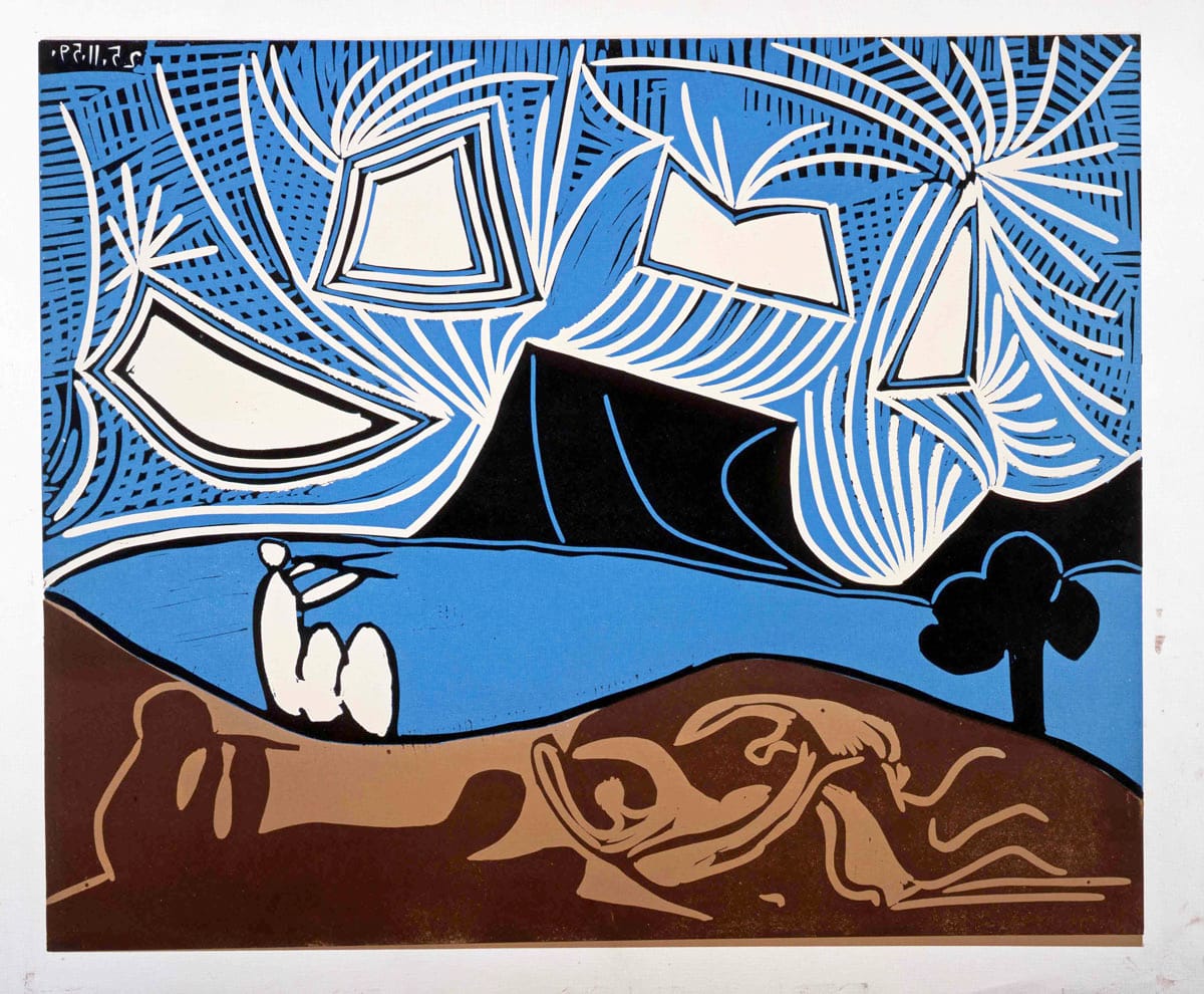 Pablo Picasso, Couple et Flu00fbtistes au Bord du2019un Lac, 1959, linocut print, 64 x 53 cm. Remai Modern Collection. Gift of the Frank and Ellen Remai Foundation, 2012. Image: u00a9 Picasso Estate / SODRAC 2018.