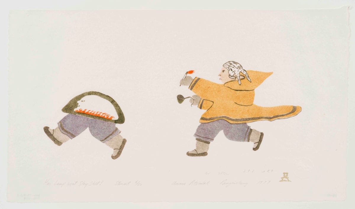 Annie Pitsiulak, Her Lamp Won't Stay Still, 1977, stencil cut, 13.3 x 36.1 cm. The Mendel Art Gallery Collection at Remai Modern. Acquired 1979.