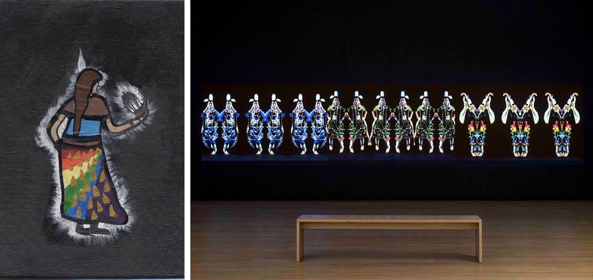 This painting by Kiyari McNab is a response to Jeffrey Gibson's work She Never Dances Alone, on view as part of Remai Modern's exhibition An apology, a pill, a ritual, a resistance.