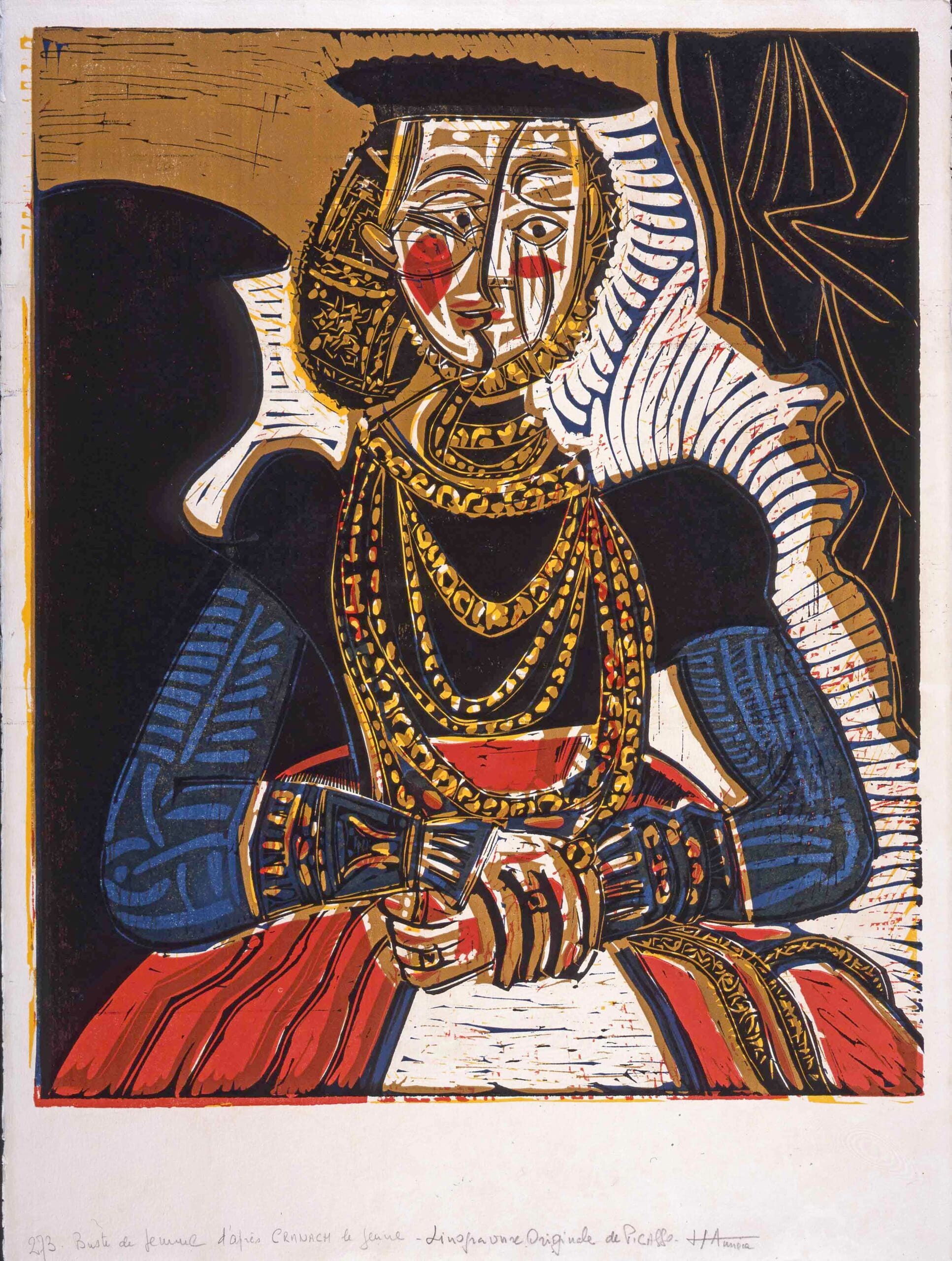 Pablo Picasso, Portrait de Jeune Fille du2019apru00e8s Cranach le Jeune II, 1958, linocut, 63 x 53 cm. Collection of Remai Modern. Gift of the Frank and Ellen Remai Foundation 2012. u00a9 Picasso Estate / SOCAN (2020)