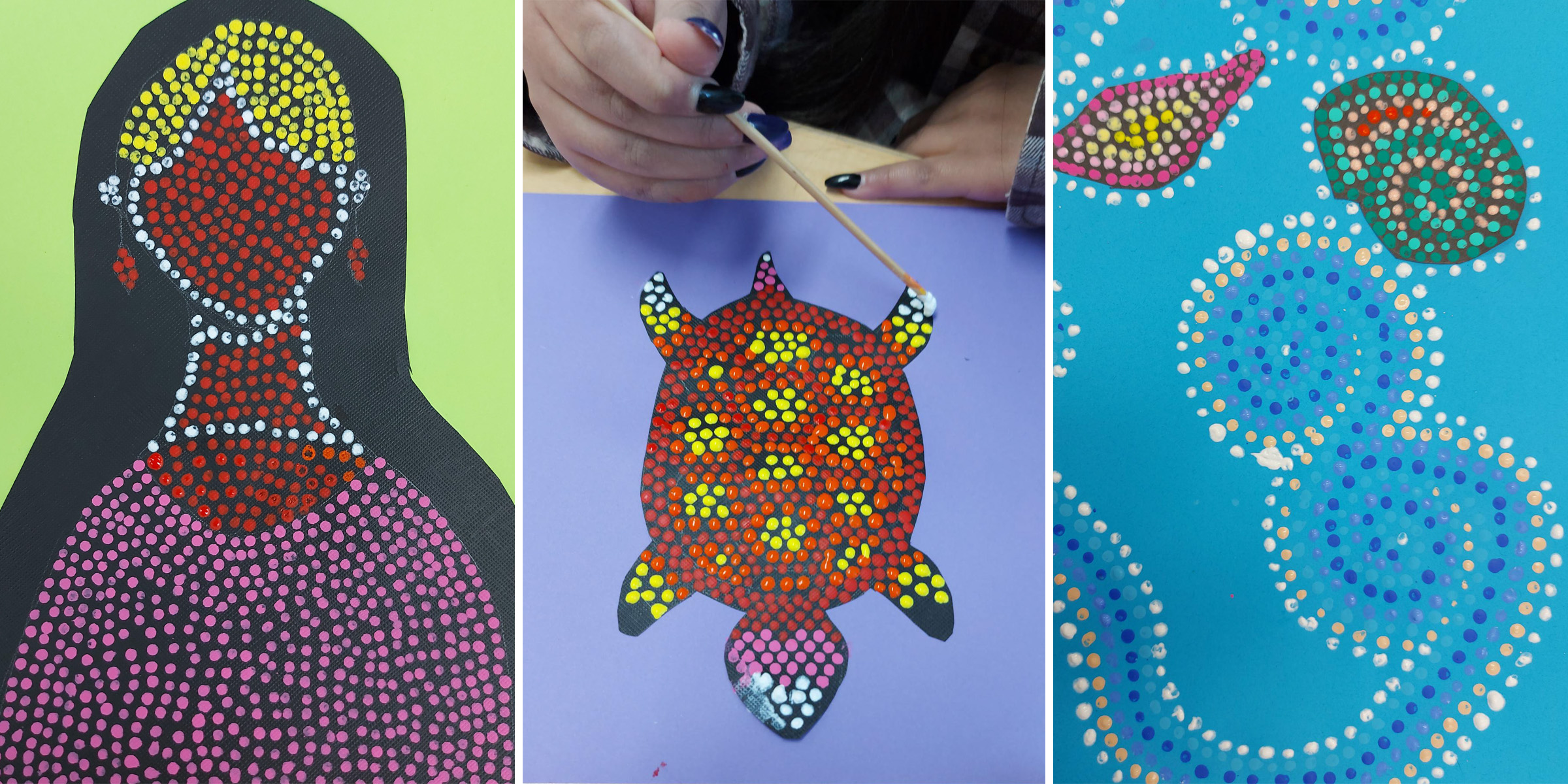 Three paintings are pictured. From left to right: an interpretation of a woman, a turtle, and an abstract swirling pattern.