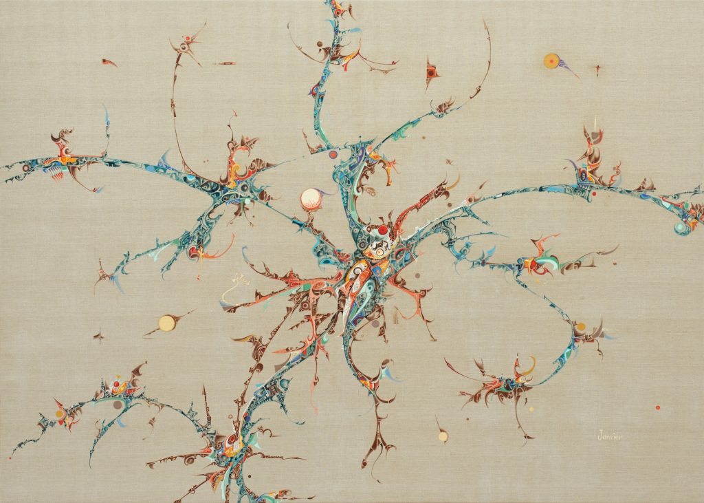 An oil painting depicts an abstract, fractal-like pattern of blues and oranges on a beige background.