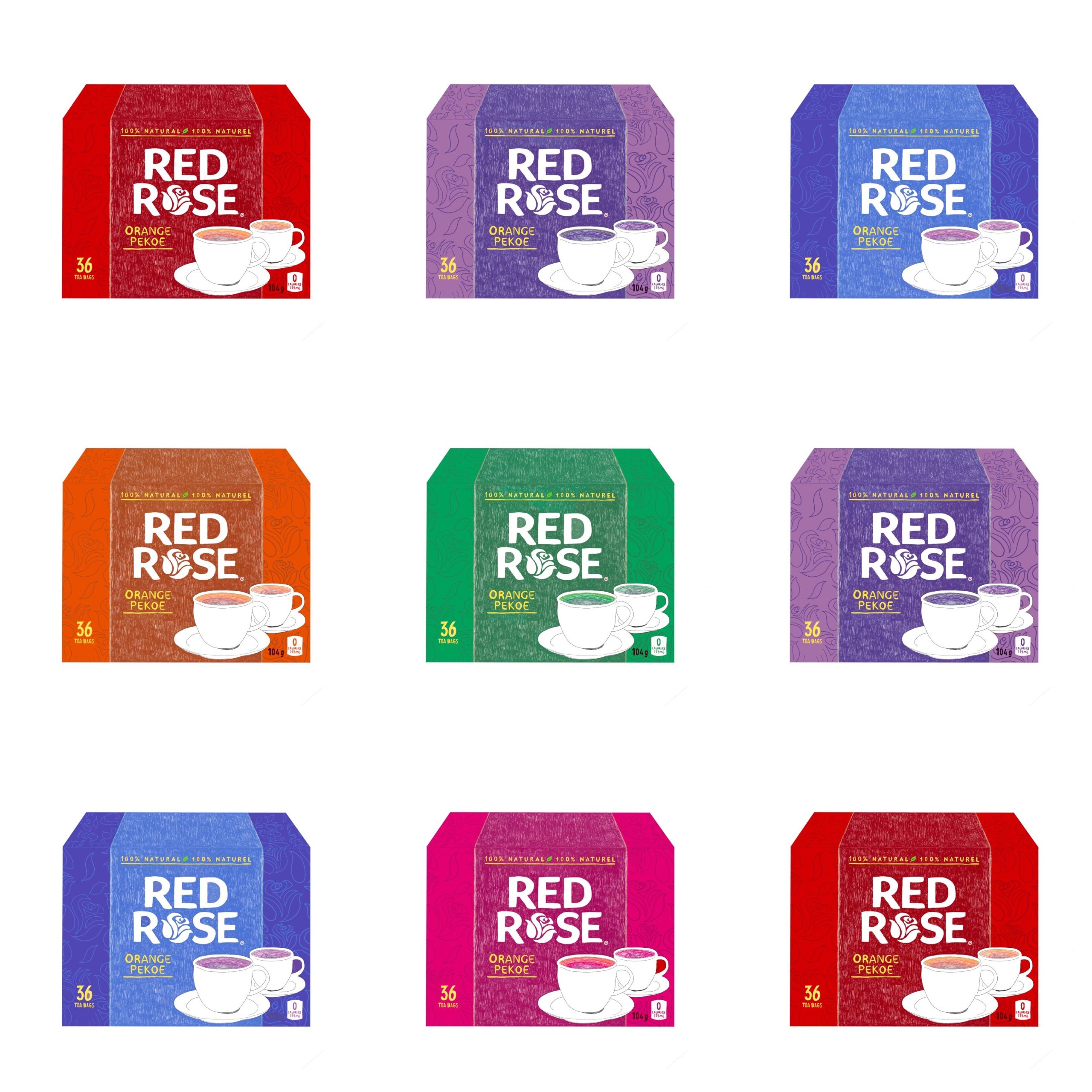 A grid of Red Rose tea boxes of various colours