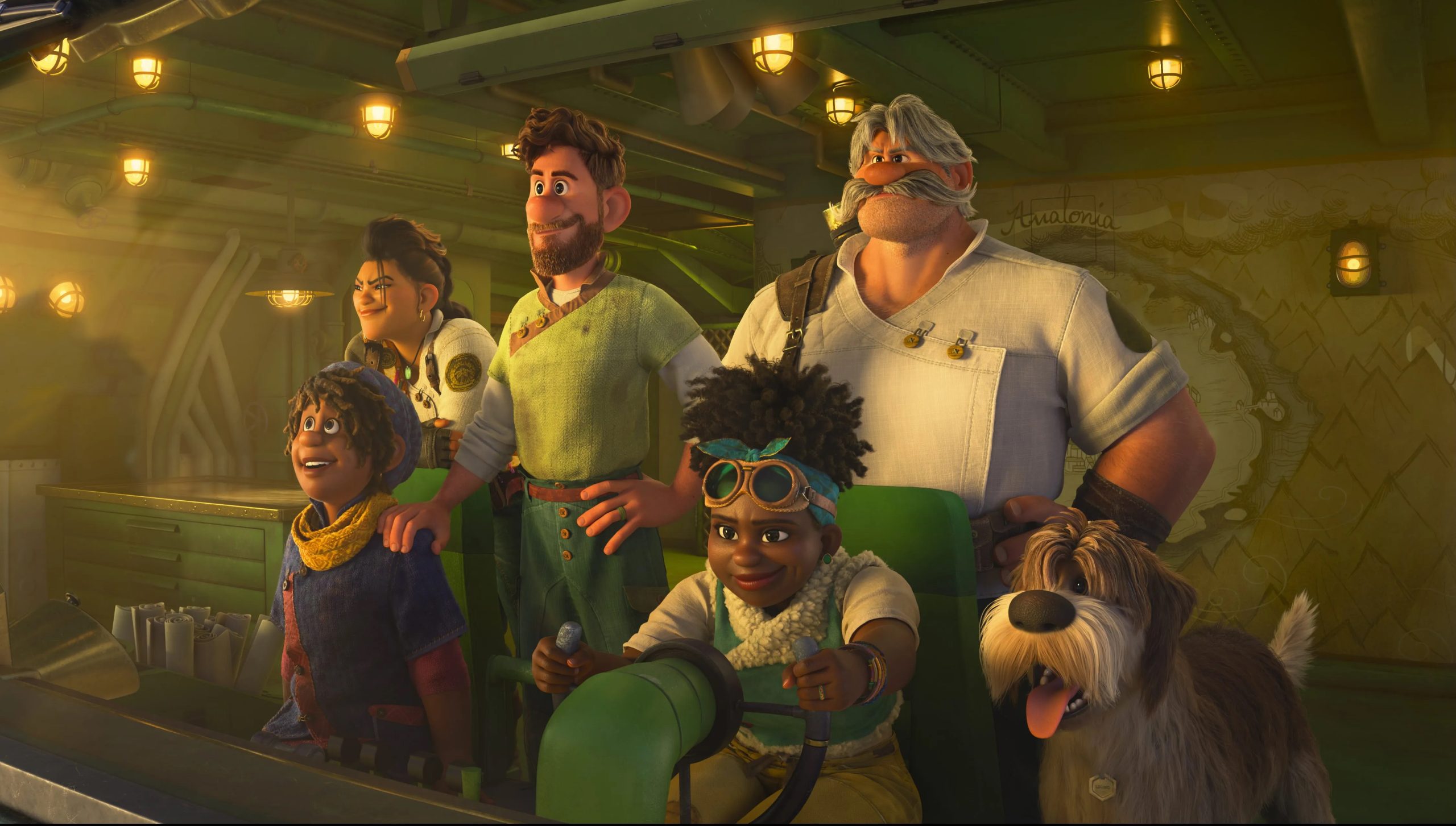 A group of animated characters stands inside a warmly lit, green-hued control room, looking ahead with expressions of excitement and determination. At the center, a young girl with a headband and goggles drives a vehicle with confidence, while a curly-haired boy beside her beams with joy. Behind them are three adults—two men and a woman—with unique outfits and styles, along with a shaggy dog panting cheerfully at the front. The atmosphere is adventurous and full of energy.
