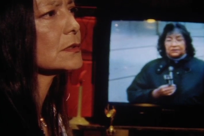 A close-up of a woman with long dark hair appears on the left side of the frame, looking contemplative. In the background, a television screen displays another woman holding a microphone as if reporting news, wearing a dark coat. The scene is dimly lit, with warm tones and a few visible trophies or awards near the TV, suggesting a reflective or retrospective moment related to media or personal achievement.